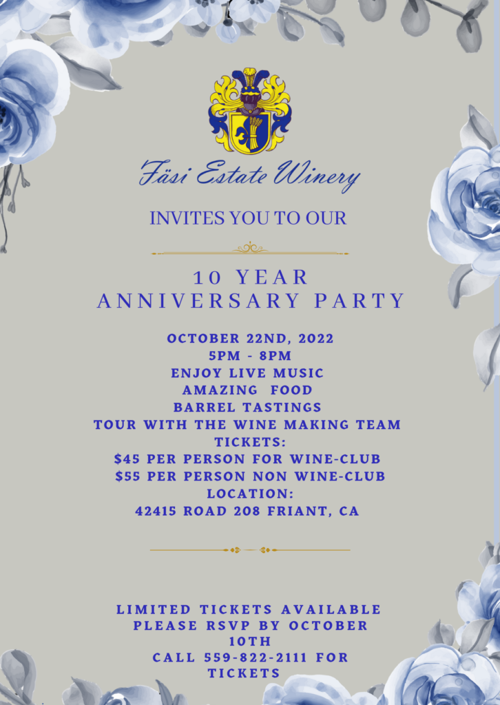 Fasi Estate Winery 10 Year Anniversary Party Flyer