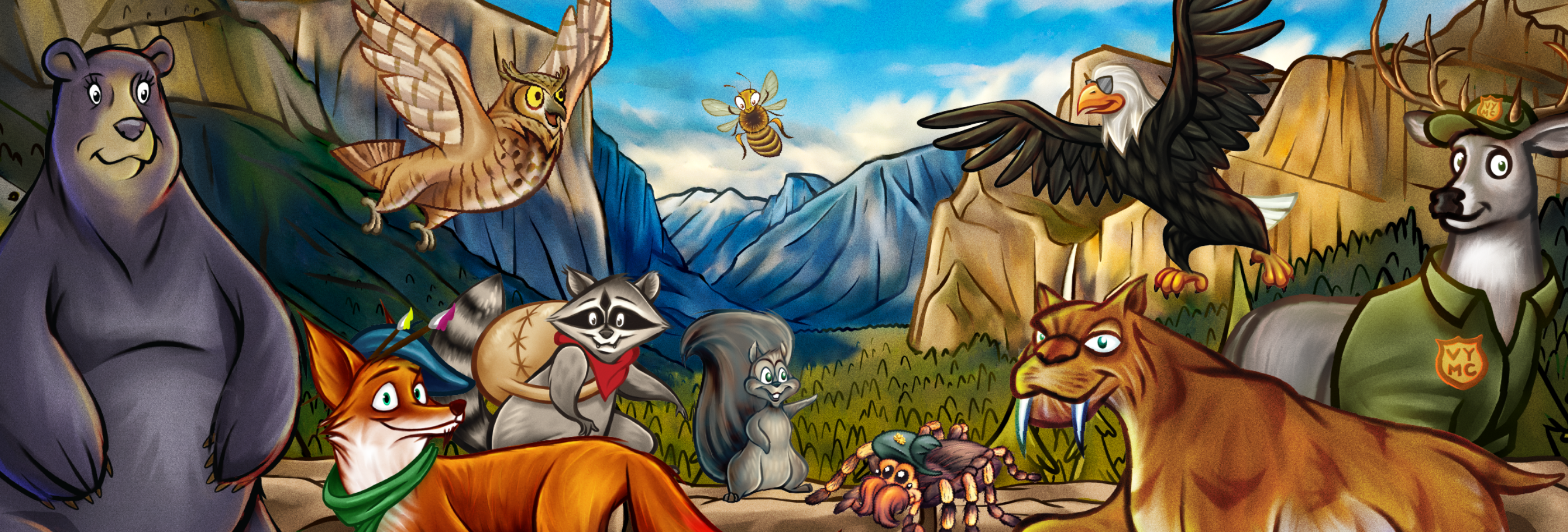 Panorama artwork showing the Welcoming Committee members at Tunnel View