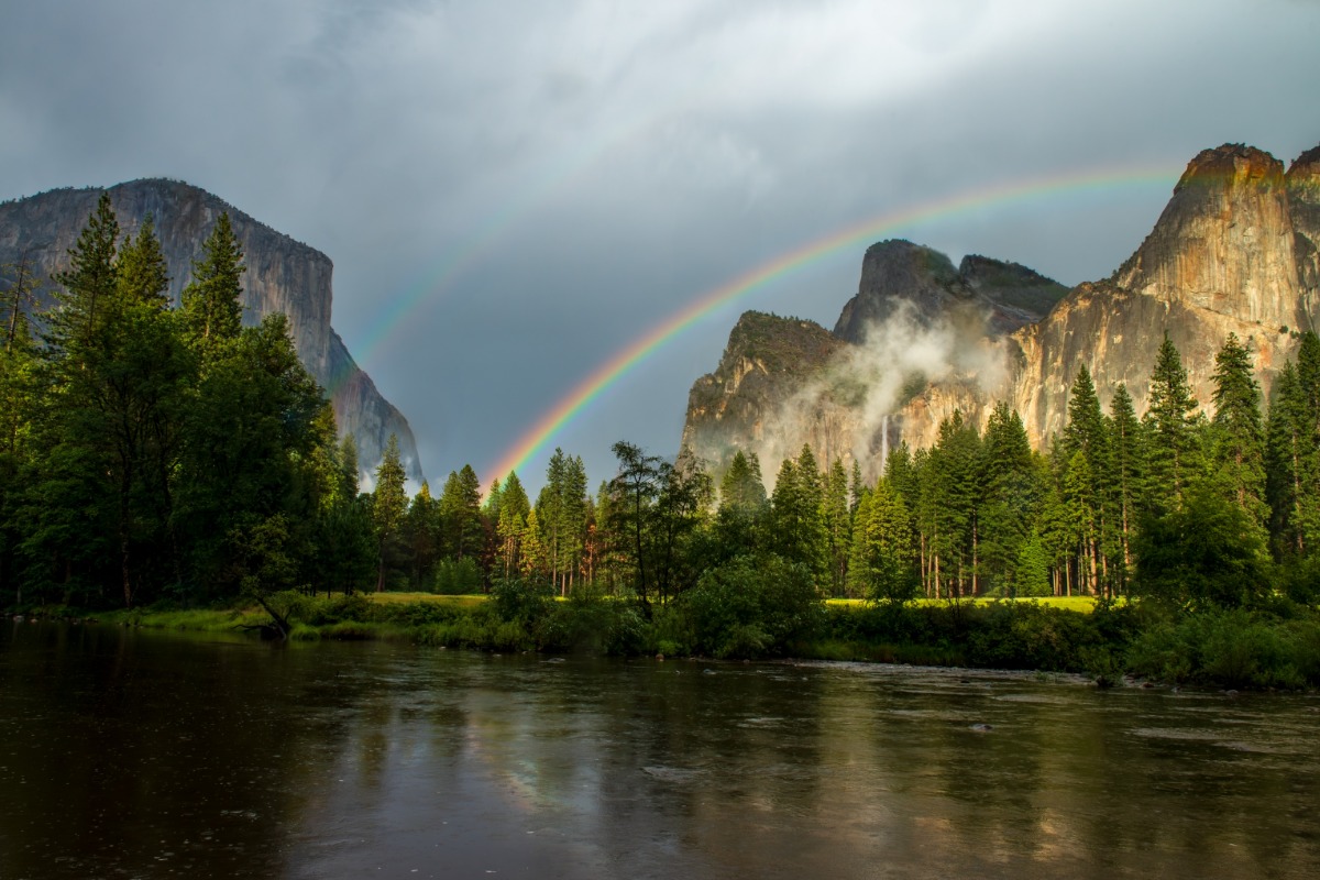 Double rainbow over Yosemite Valley from Valley view.