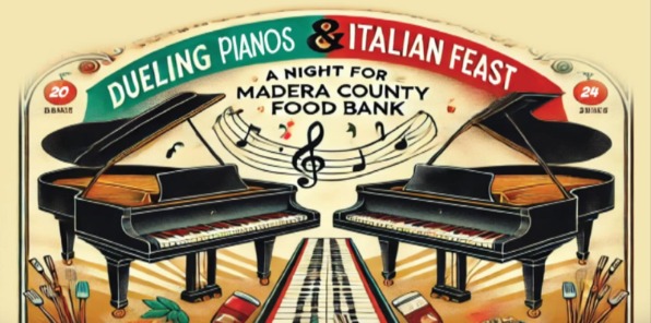 Event flyer showing two pianos and plates of Italian food.