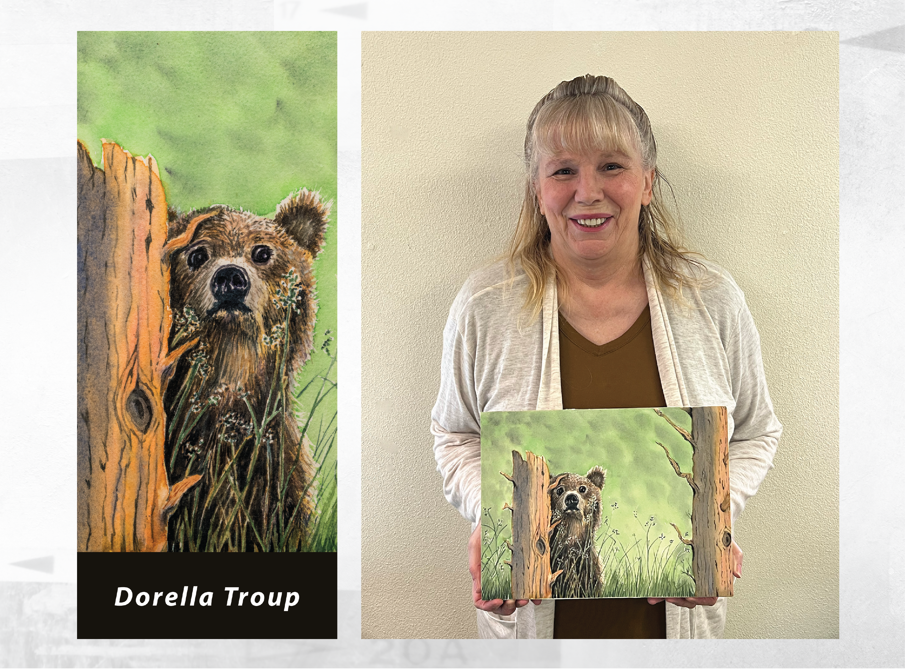 Art Banner image pair - one the left is Dorella Troups Art Banner, on the right is Dorella holding her painting Where are all the trees? that the banner was created from