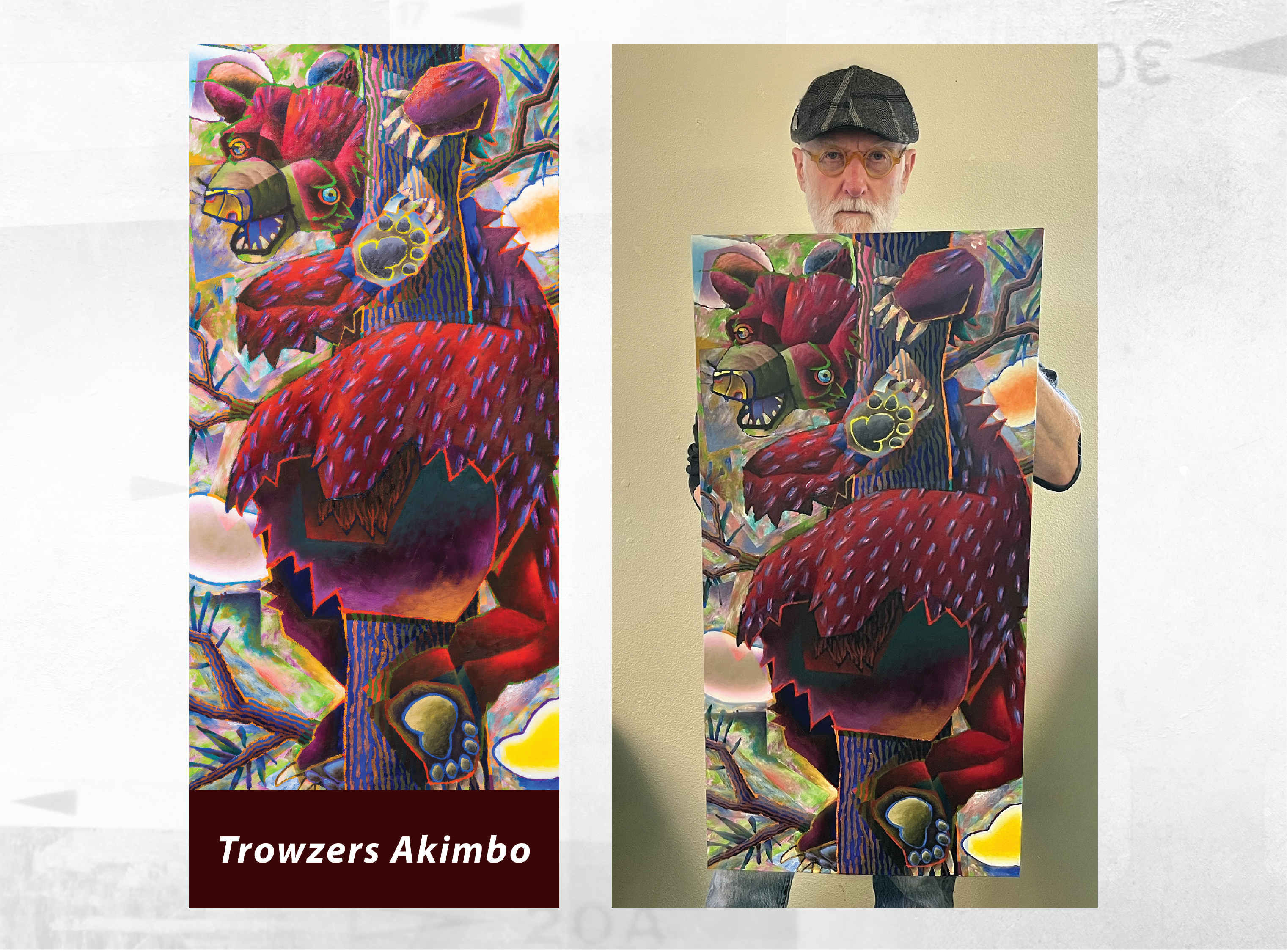 Art Banner image pair - one the left is artist Torwzers Akimbos Art Banner, on the right is Trowzers holding his abstract painting Higher Ground that the banner was created from