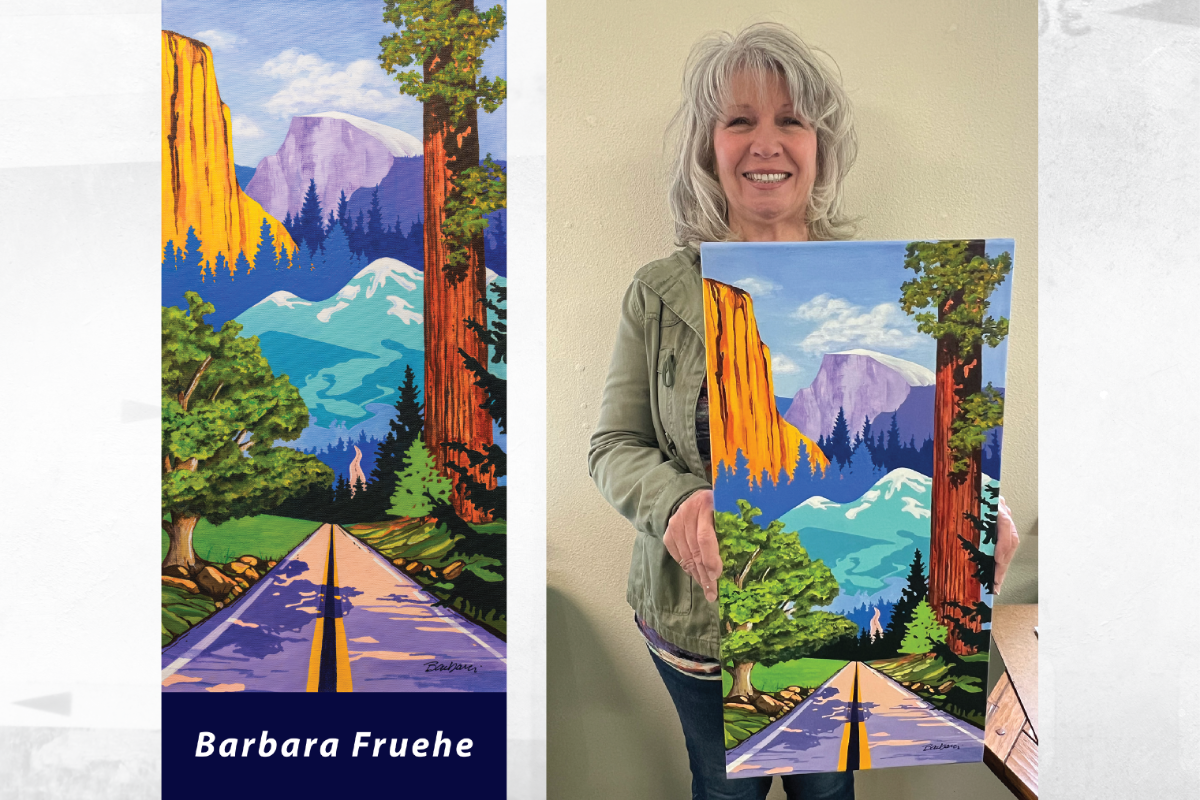 Art Banner image pair - one the left is Barabra Fruehes Art Banner, on the right is Lisa holding her painting Road to Wonder that the banner was created from