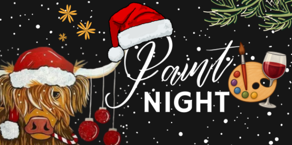 Highland Cow wearing a Santa hat, Holiday Paint Night at The Pines Resort at Bass Lake