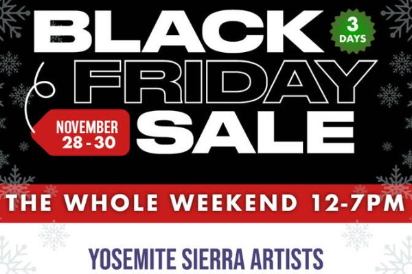 Black, white, and red poster for the Yosemite Sierra Artist Gallery Black Friday sale event