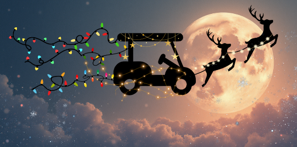 Illustration of two reindeer pulling a golfcart covered in Christmas lights through a moonlit sky.