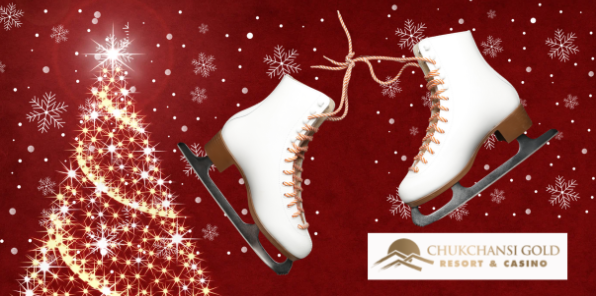 Red background with glowing Christmas tree and white ice skates.