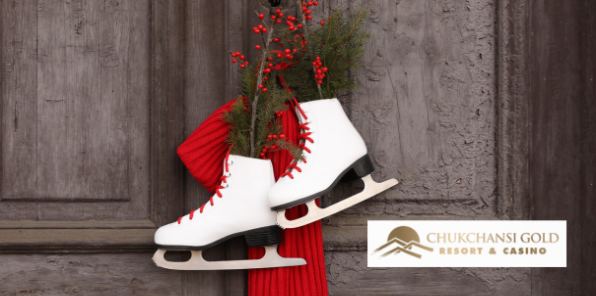 Christmas ice skates hanging on a door.