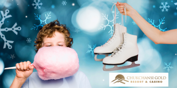 Child eating cotton candy as a woman offer him ice skates.