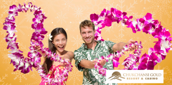 A happy couple holding out hawaiian lei's. 