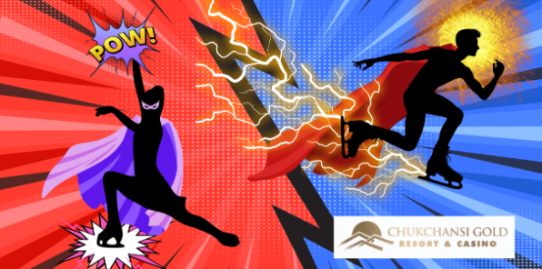 Comic book background with two ice skaters dressed as super heroes.