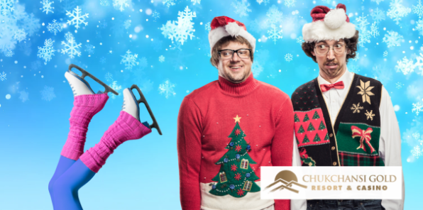 Two male ice skaters dressed in ugly Christmas sweaters nervously giggle at a woman who slipped on the ice. 