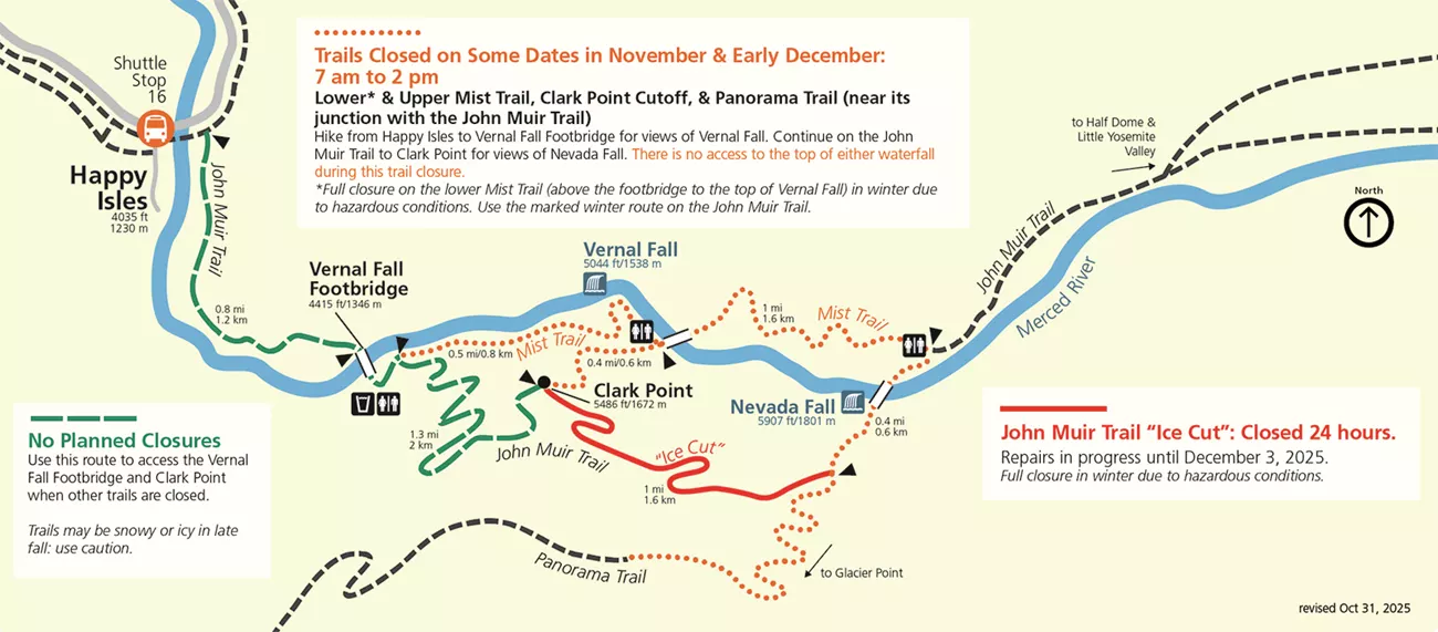 Map showing trails and closures along Yosemites Mist and John Muir trails - fall 2025