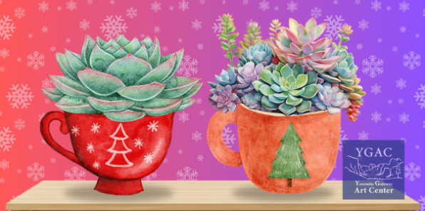 Two Christmas tea cups with succulent arrangements in them.