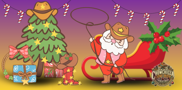 A cartoon of Santa dressed as a cowboy trying to rope a Christmas tree.