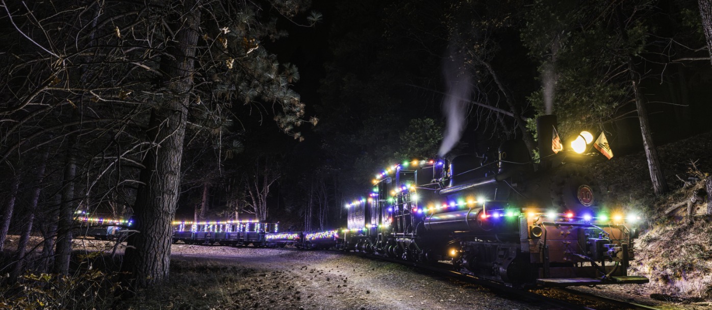 Train adorned with colorful lights on the track, Holiday Magic Train at the Yosemite Mountain Sugar Pine Railroad
