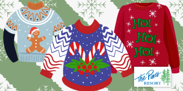 Three ugly sweaters on display.