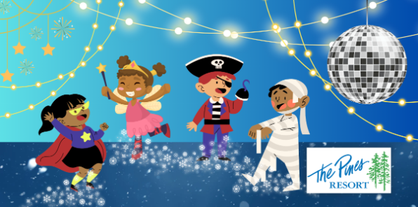 Four kids dressed in various costumes ice skating. 