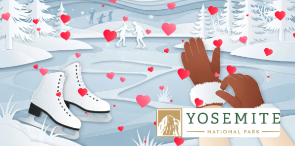 Ice skaters on a frozen pond with Valentine hearts floating with the falling snow.