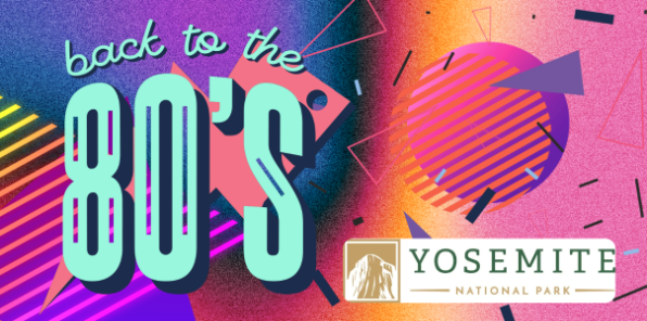 Retro banner for 80s Ice Skating at Curry Village in Yosemite National Park.