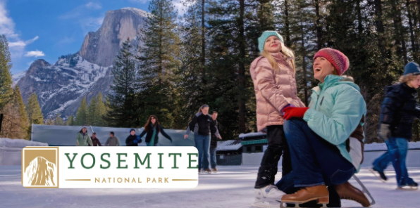 Mother and daughter enjoying the ice skating rink at Curry Village in Yosemite National Park.