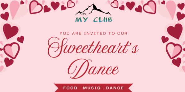 Pink banner with Valentine hearts for the Sweetheart's Dance event.