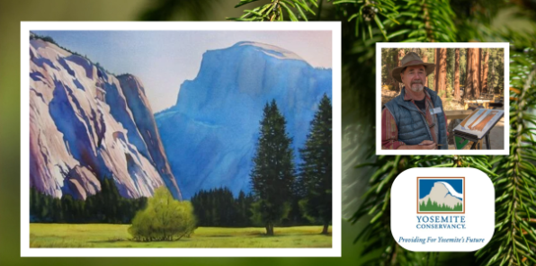 Watercolor painting of Half Dome with artist.