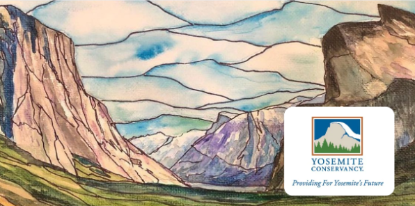 Watercolor painting of El Capitan and Half Dome.