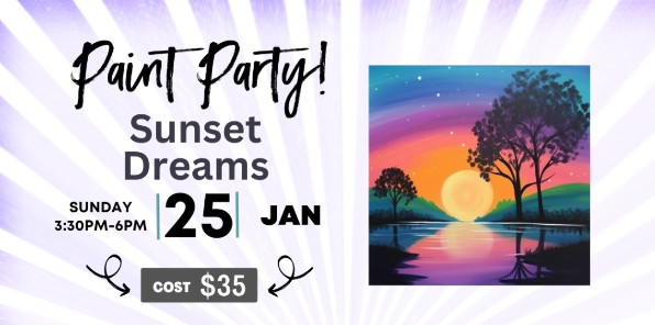Banner for paint lesson for a sunset over a pond painting.