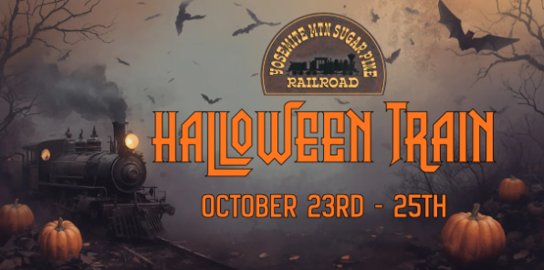 Steam Train in the forest with pumpkins and halloween bats. 