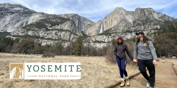 Couple walking in Yosemite Valley.