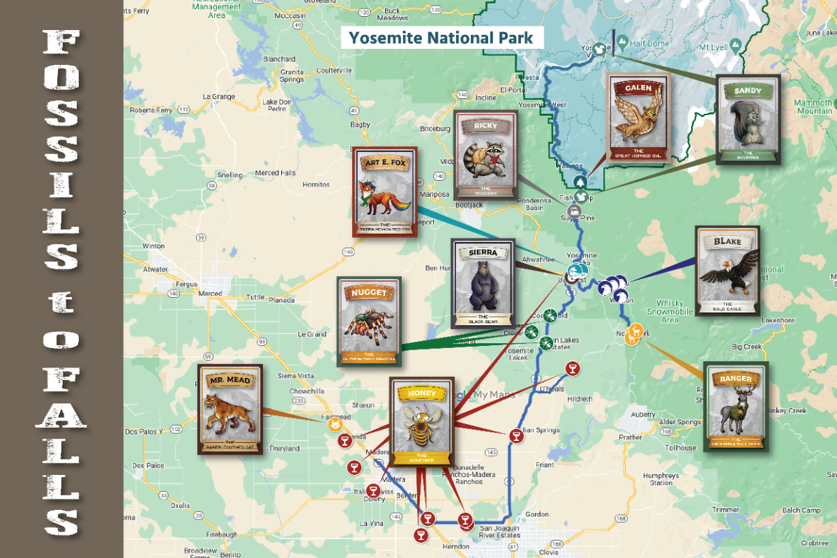 Updated Fossils to Falls Road Trip Map with locations marked for where to find and collect Welcoming Committee Trading Cards