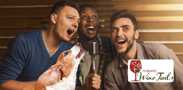 Three men singing karaoke with their dog howling along.
