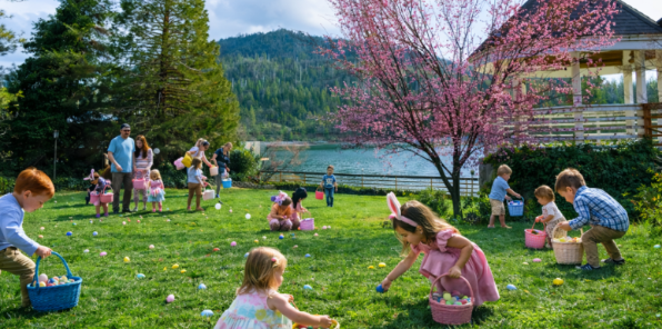 Children collecting Easter Eggs at the Pines Resort Gazebo Lawn. 