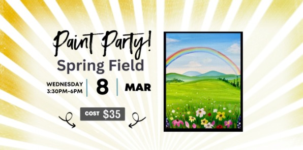 Promotional banner for Paint Night featuring a field with a rainbow.