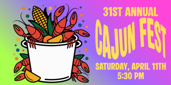 Banner for Cajun Fest with cooking pot full of crawfish and gumbo.