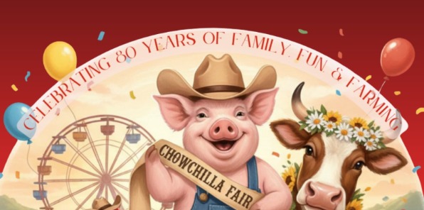 Illustration of a pig and a cow at the fairgrounds.