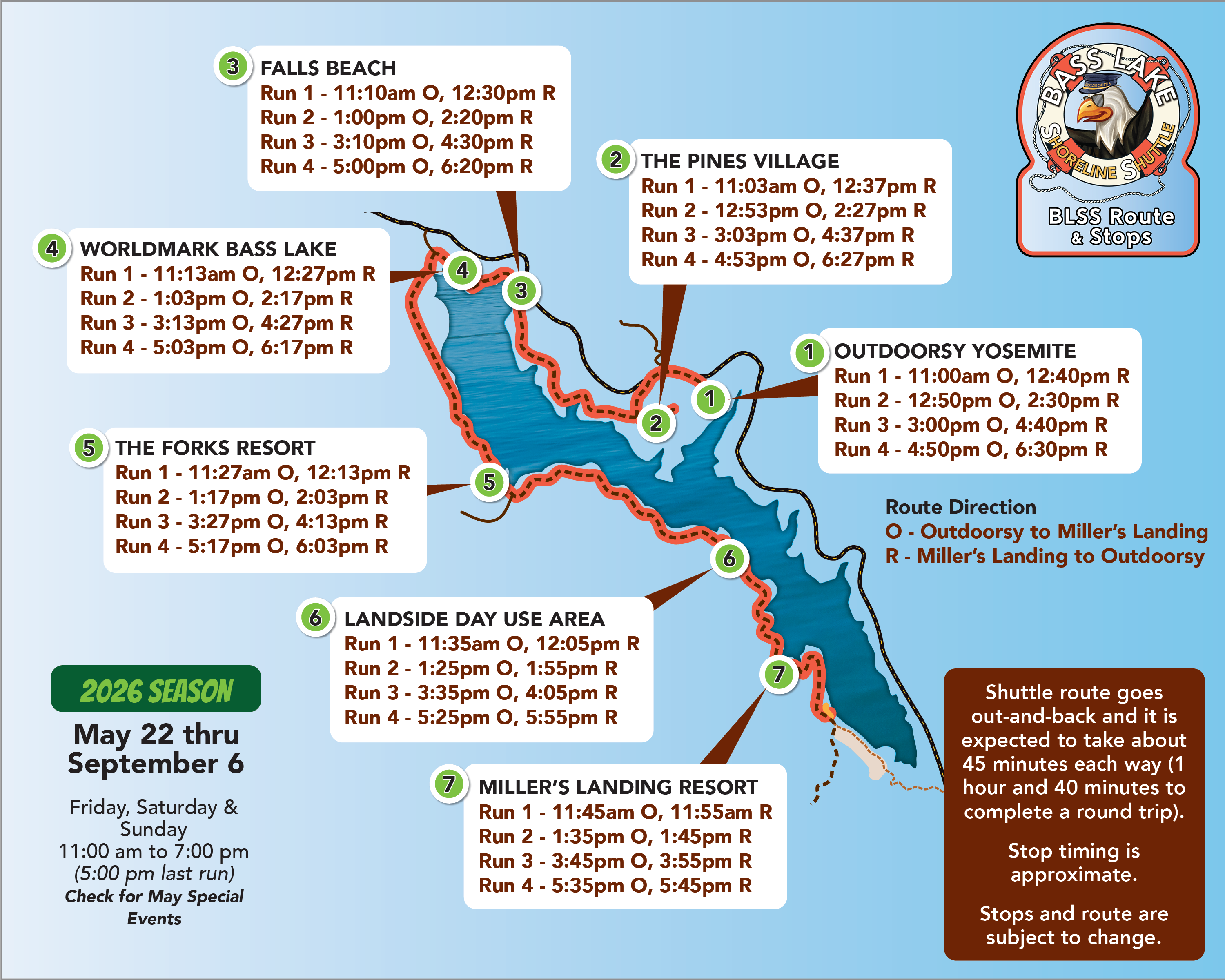 Image showing route and stop timing for Bass Lake Shoreline Shuttle for the 2026 season
