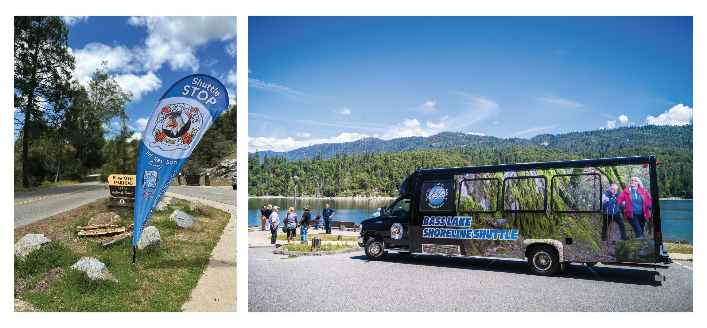 Graphic showing two images: first (on the left) is the Bass Lake Shoreline Shuttle stop at The Falls Beach. The second image shows the shuttle at the Lakeside Day Use Area.