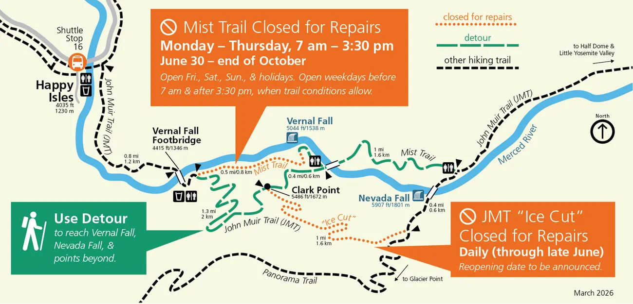 Mist and John Muir Trail closure map - spring and summer 2026