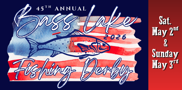 Event image for the 45th Annual Bass Lake Fishing Derby featuring an illustration of a trout on an American Flag background