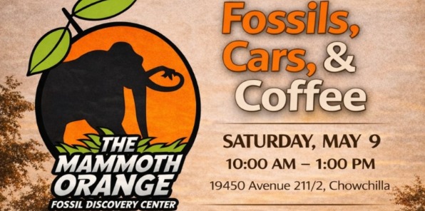 A silhouette of a mammoth and an orange advertising for Fossils, Cars, & Coffee.