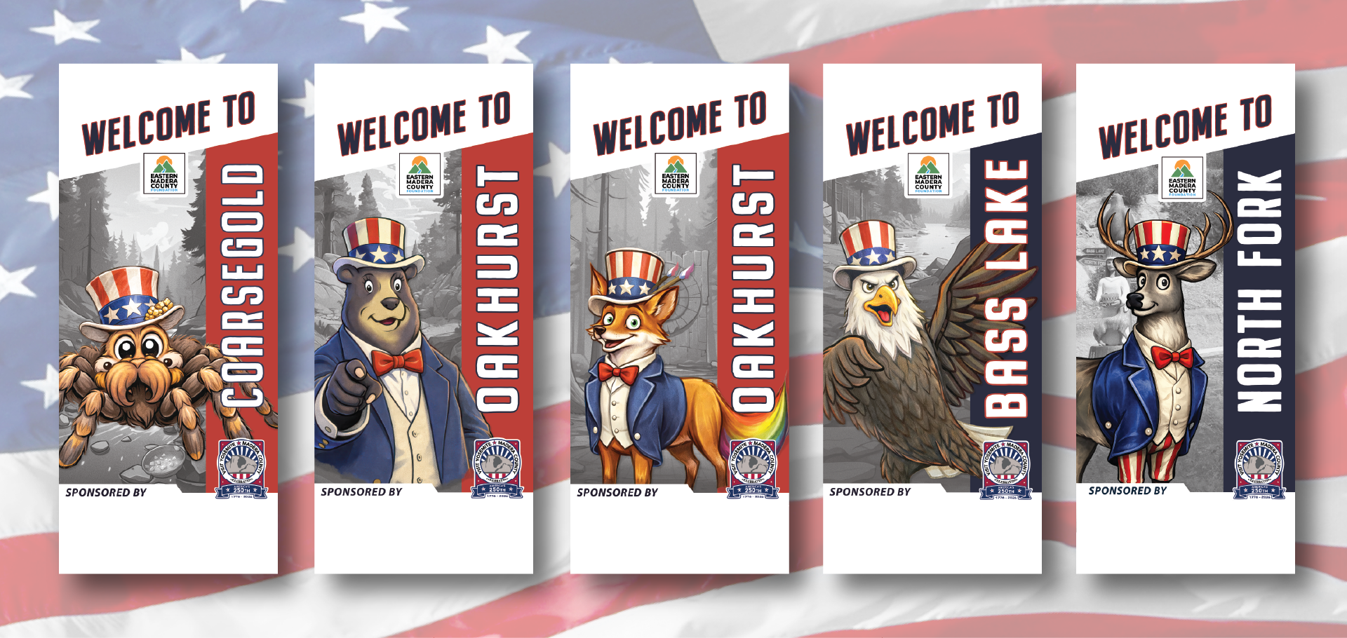 Graphic showing the 5 different town sides for the 2026 Art Banners 