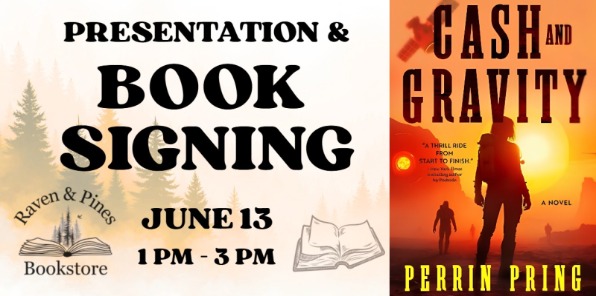 Book signing event at Raven and Pines Bookstore.