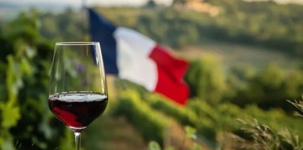 Wine glass with French flag in the background.