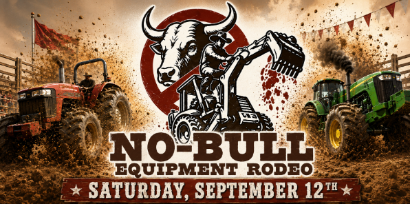 Event banner for No-Bull Equipment Rodeo.
