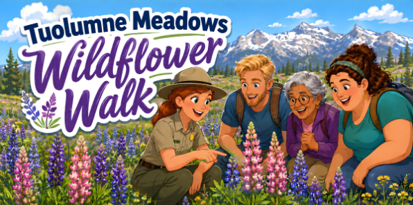 A Park Ranger leads three guests on a wildflower program in Tuolumne Meadows.