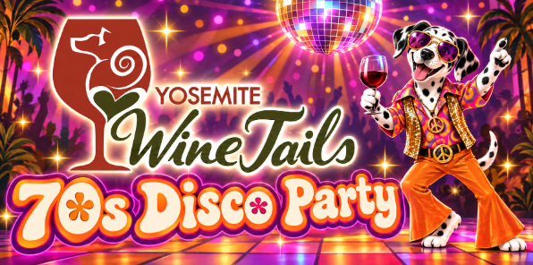 A dalmatian dog dances at a 70s dico party at Yosemite Wine Tails.