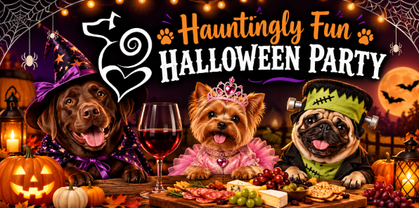 Three dogs dressed up for a Halloween party at Yosemite Wine Tails